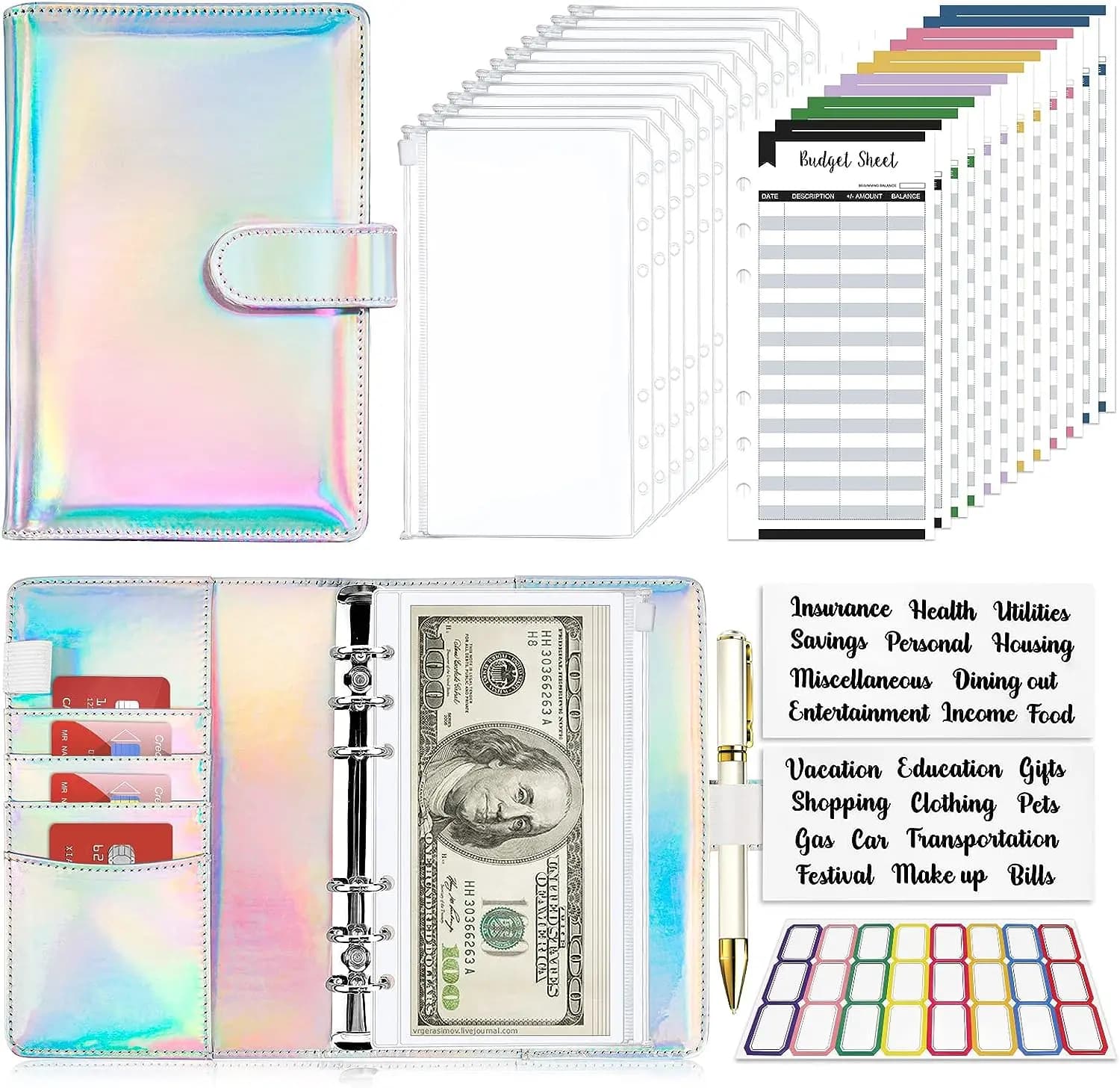 Budget Planner Busta per contanti Risparmio di denaro Raccoglitore a 6 fori per la gestione finanziaria Raccoglitore per notebook a fogli mobili laser A6