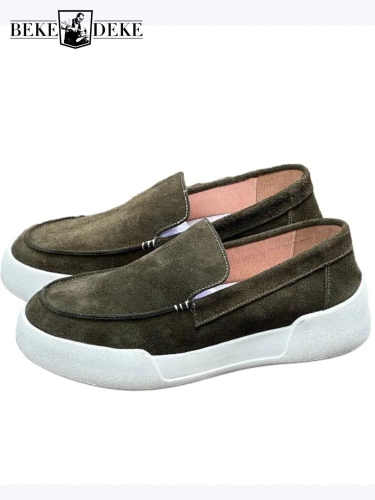 Solid Color British Style Slip-on Work Mens Cow Suede Leisure Shoes Soft Sole Comfortable Men Loafers Genuine Leather Footwear
