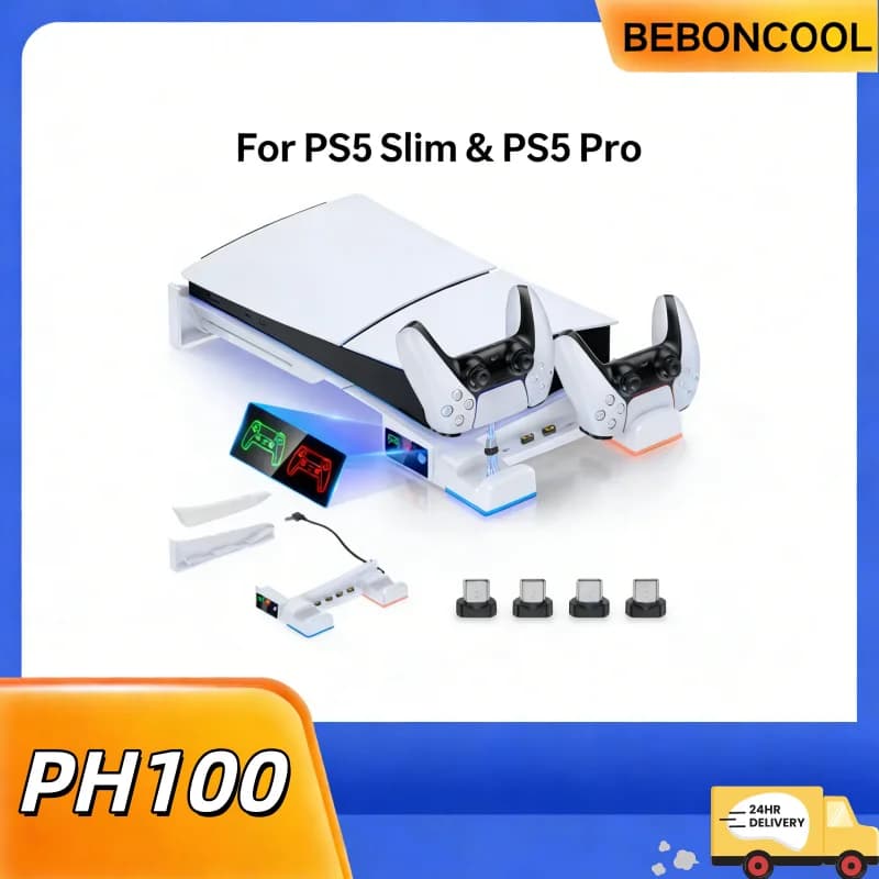 BEBONCOOL PH100 per PS5 Pro/Slim Versione Digitale/Disco Supporto di Ricarica Orizzontale con Luci Adatto per Accessori PS5