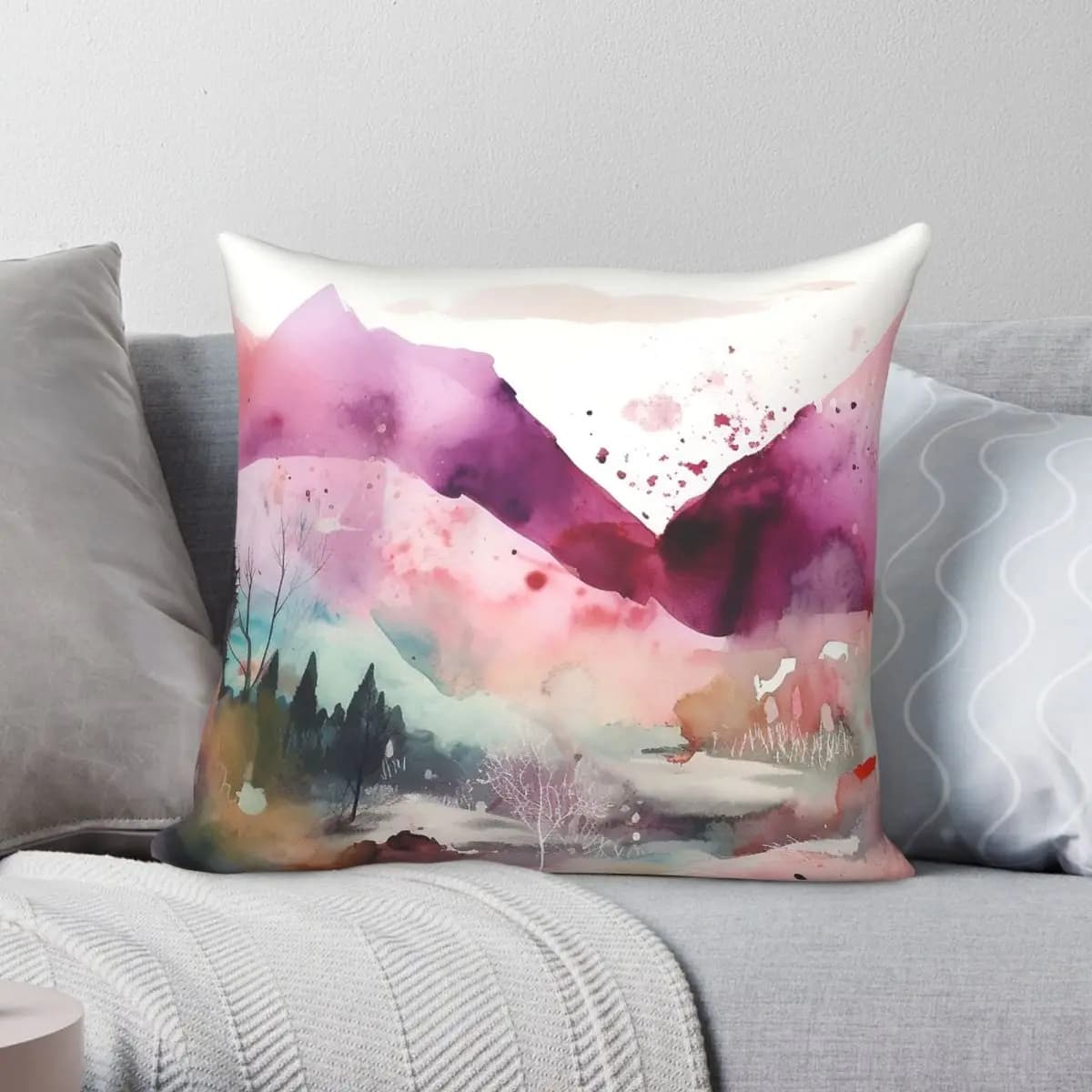 Pink Mountainscape Canvas Square Pillowcase Polyester Linen Velvet Printed Zip Decor Pillow Case Sofa Cushion Cover 18"