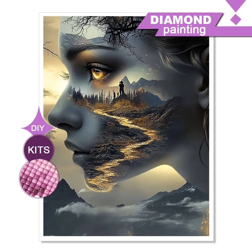Huacan 5D Diamond Painting Mountain Valley Woman Side Profile Diamond Mosaic Portrait Landscape Decorative Paintings Gift