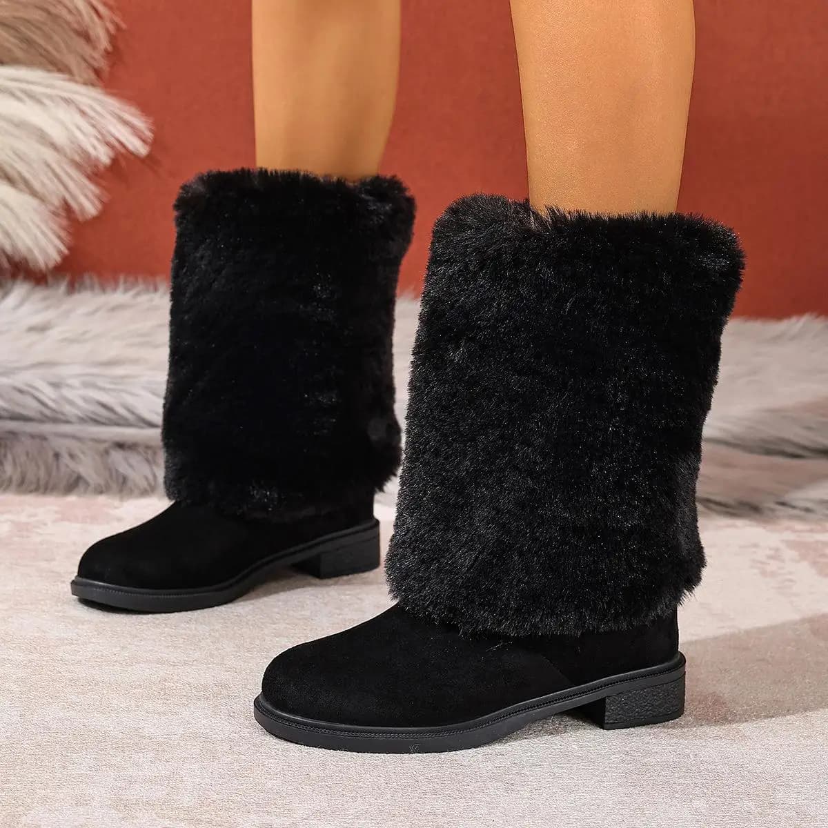 Large Size Fur Boot Western Cowboy Boot round Toe Spliced Thick Heel High Tube Boot Cross-Border New Style Men's Autumn Fashion