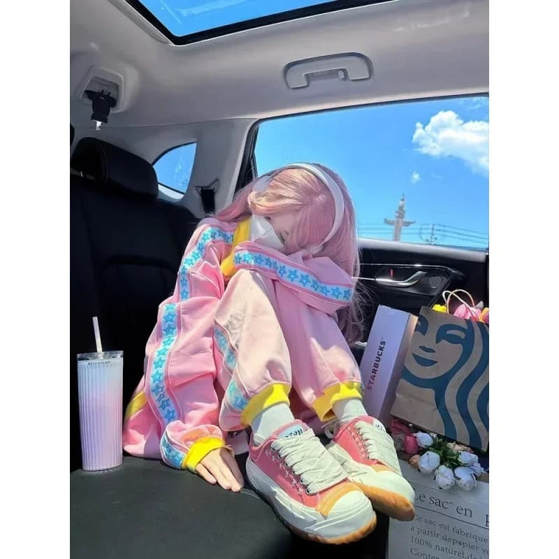2025 primavera autunno rosa dolce moda allentata cardigan maglione pantaloni abito a due pezzi dopamina tuta sportiva per il tempo libero femminile