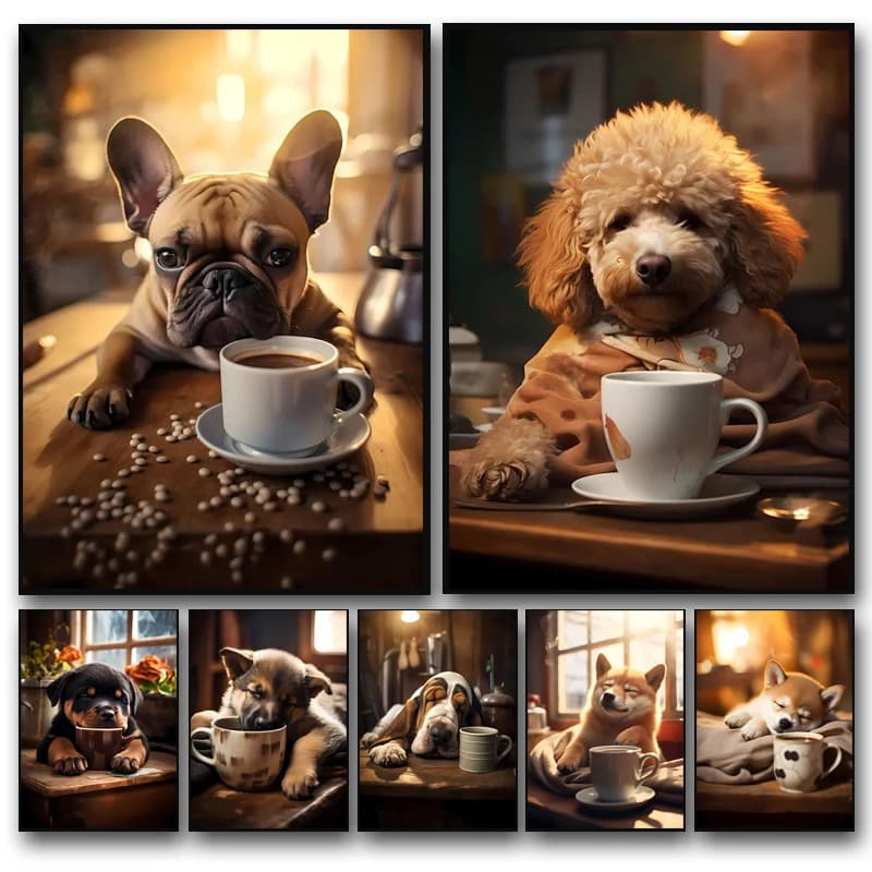 Cute Cozy Sleeping Dogs and Coffee Poster German Shepherd Dog Bulldog Coffee Art Canvas Painting Prints Picture Room Home Decor