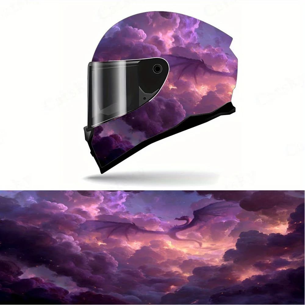 Decalcomanie per casco integrale Purple Dragons and Clouds - PVC resistente e impermeabile, estetica autoadesiva per casco da corsa per moto
