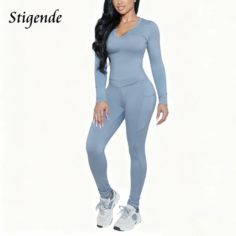 Stigende Women Two Piece Yoga Leggings Set Bodycon Long Sleeve Top and Pencil Pants