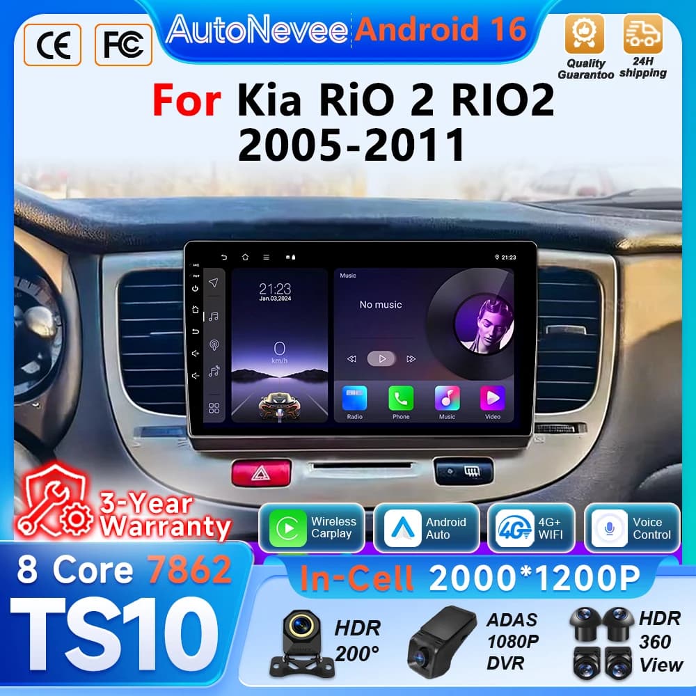 Android 16 Auto Carplay For Kia RiO 2 RIO2 2005 2006 2007 - 2011 Car Radio Multimedia Player 5G Wifi BT Video GPS DSP Wireless