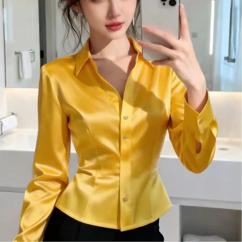 Elegant Women's Polo Neck Long Sleeve Shirt Spring 2026 New Lightweight Luxury Outerwear High-End Satin Feel Top