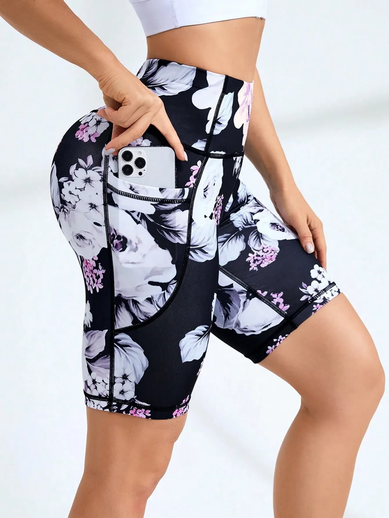 Pantaloncini Sportivi Floreali da Donna con Tasche, Leggings Capri a Vita Alta con Tasche, Leggings da Allenamento Modellanti, Pantaloni Yoga Contenitivi