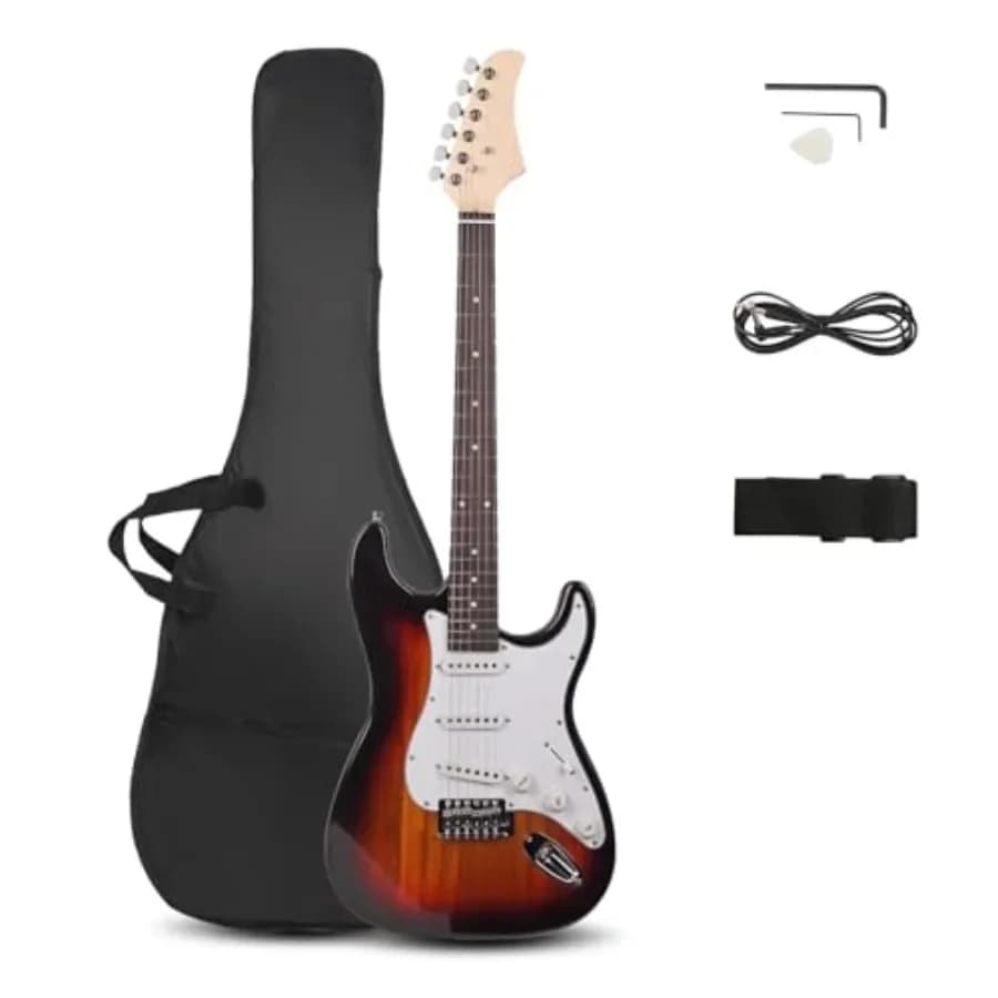 39 Inch Electric Guitar for beginners: solid body, sunset color, includes gig bag, strap, tremolo bar, cable and picks