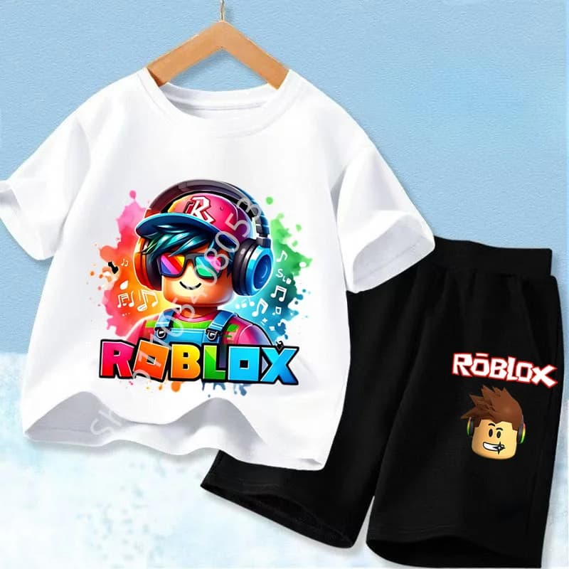 Cute Roblox Character Printed Kids T-Shirt Set, Stylish Green Jacket and Brown Pants Design for Boys and Girls