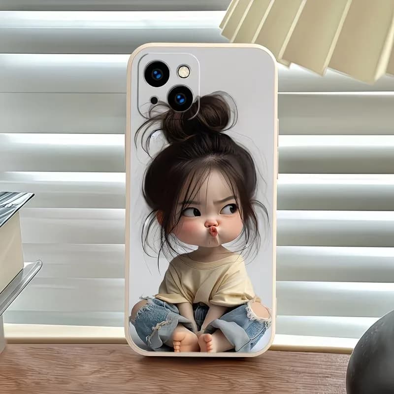 Cute Cartoon Bun Hair Girl Phone Case For iPhone 17 16 15 14 13 12 11 Pro XS Max X XR 6 7 8 Plus Mini Air 16e 17e Silicone Cover