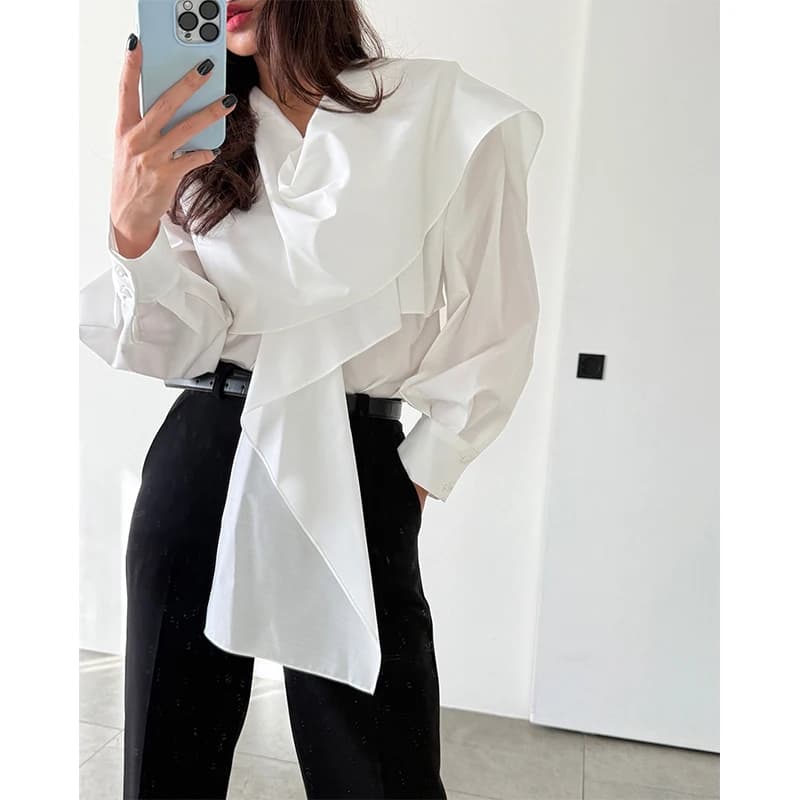 MEXZT Elegant Women's White Shirts, Black Blouses with Patchwork and Shakers, Long Sleeve Korean Style, Office Casual Design, New Collection