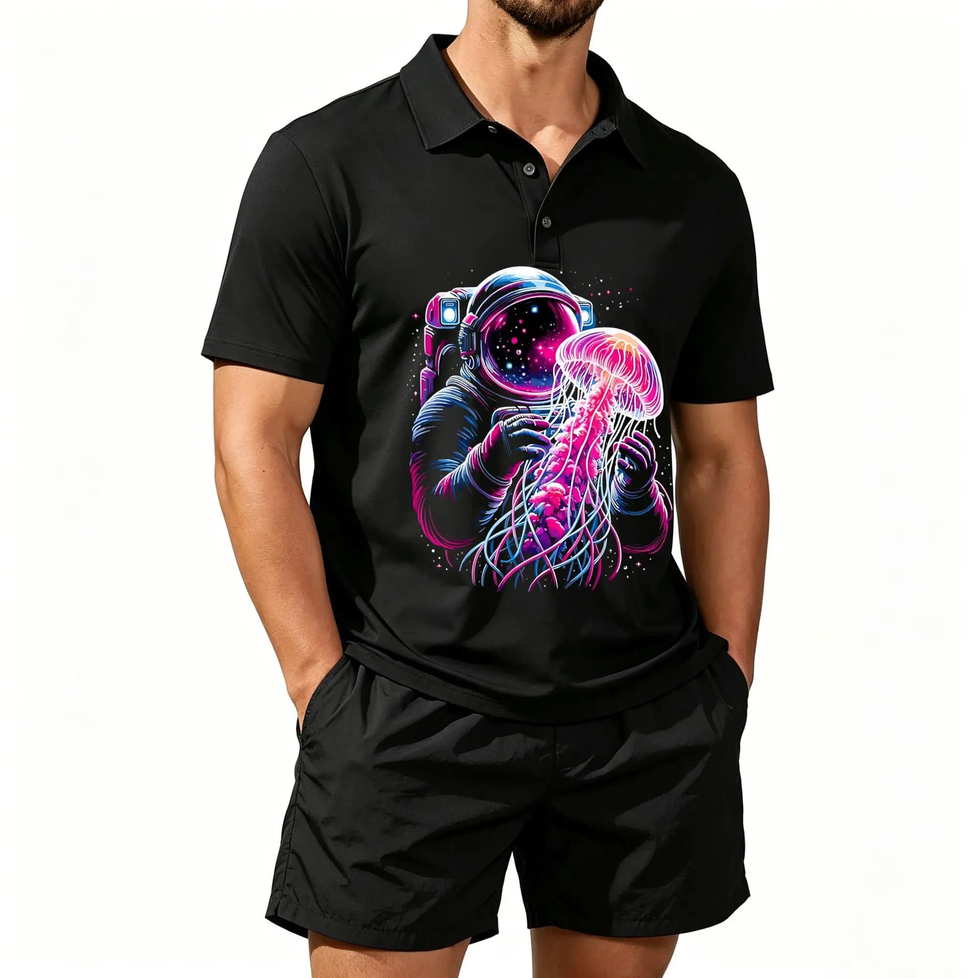 Men's Polo Beach Shorts Two-Piece Set, Neon Jellyfish Astronaut Print, Sci-Fi Pattern for Space Enthusiasts, Casual and Comfortable, Well-Fitted