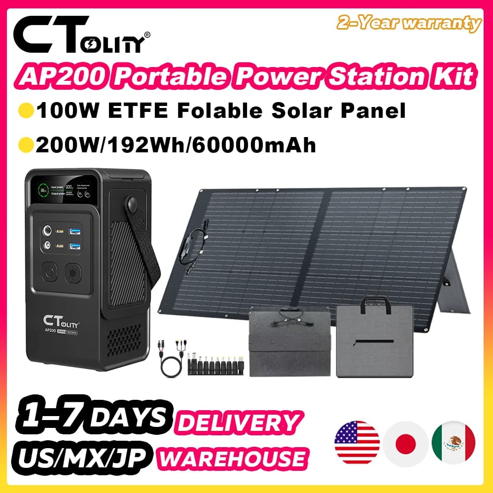 CTOLITY 200W Portable Solar Generator Kit with Foldable ETFE 100W Solar Panel 192Wh Power Station Power Bank for Outdoor Camping Emergency Use LiFePO4 Battery Home Backup Power