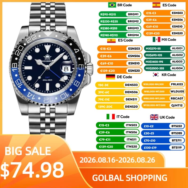 ADDIESDIVE Top Brand Stainless Steel GMT Men Quartz Watch Super Luminous AD2050 Reloj Hombre 200M Waterproof Luxury Dive Watches