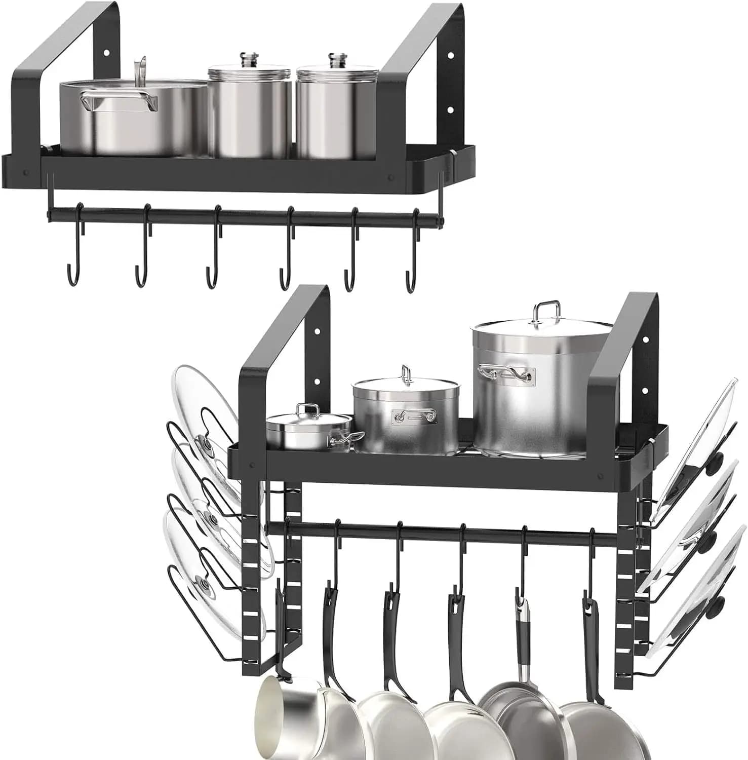 Set di 2 Portapentole da Parete, con Portasciugamani e Organizzatore per Pentole e Coperchi, Mensole Sospese per Utensili da Cucina con 12 Ganci
