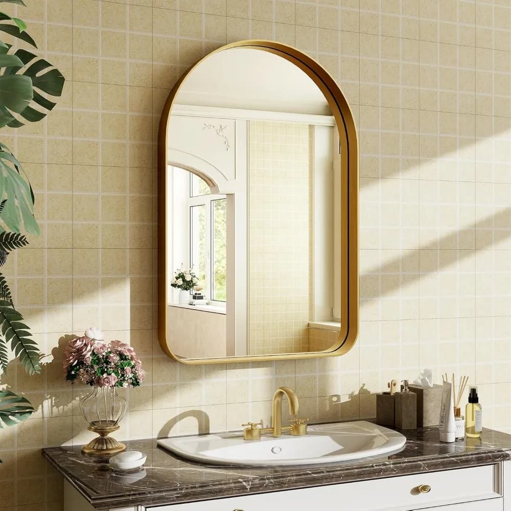 Specchio da bagno ad arco dorato da 30x20 pollici, cornice in lega di alluminio per la decorazione della parete nel soggiorno, camera da letto, ingresso