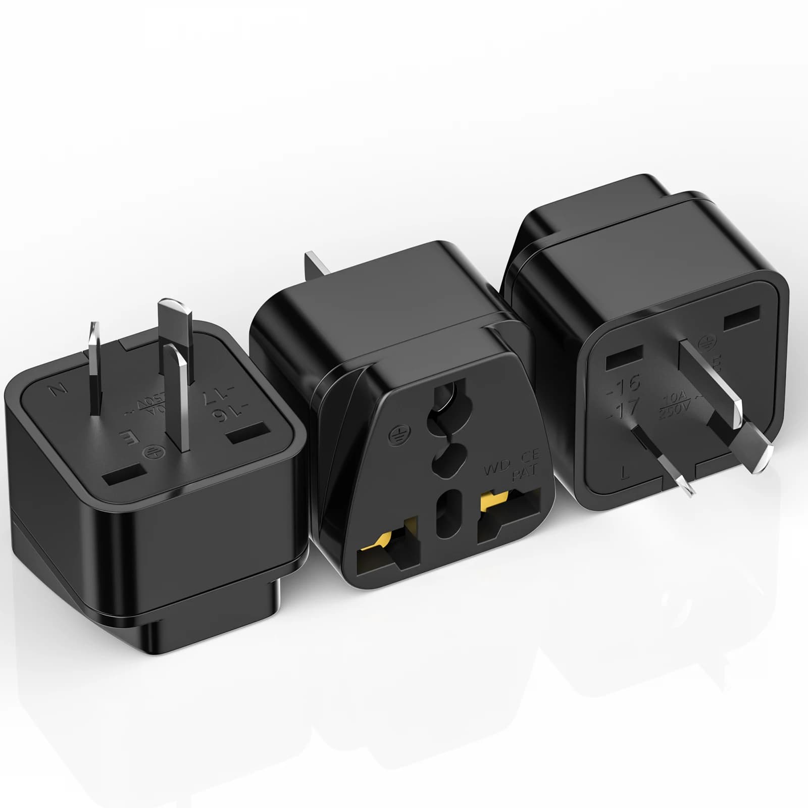 Adattatore da viaggio universale da 3 pezzi US CA UK UE a AU Australia Convertitore di spina Presa elettrica Caricatore da muro di alimentazione 250 V 2500 W