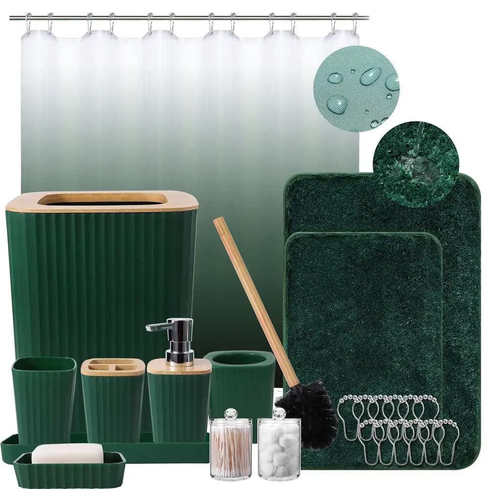Set di Accessori per Bagno Verde Scuro con Tenda Doccia Sfumata e Tappetini, Set da Bagno con Cestino, Portaspazzolino