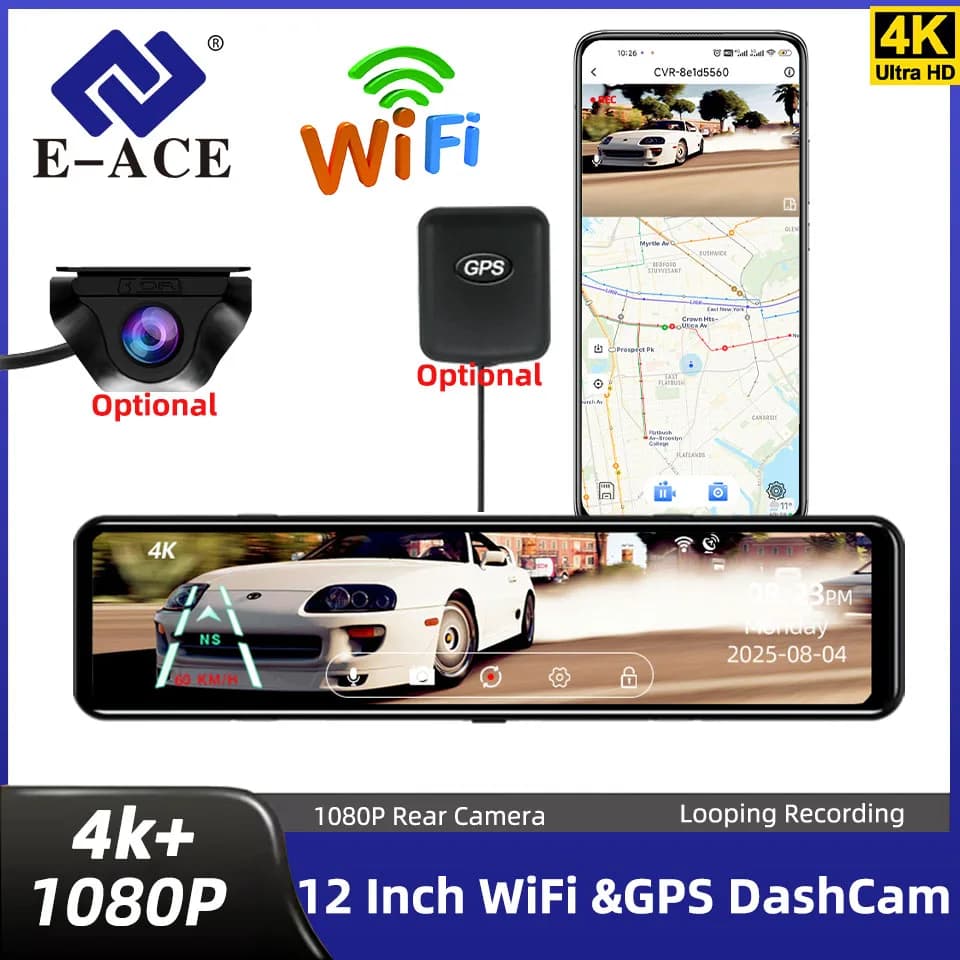E-ACE A45P 4K WIFI GPS car DVR 12 inch Touch IPS Screen Park Mirror Optioanl Rear Camera Dashcam Video Recorder