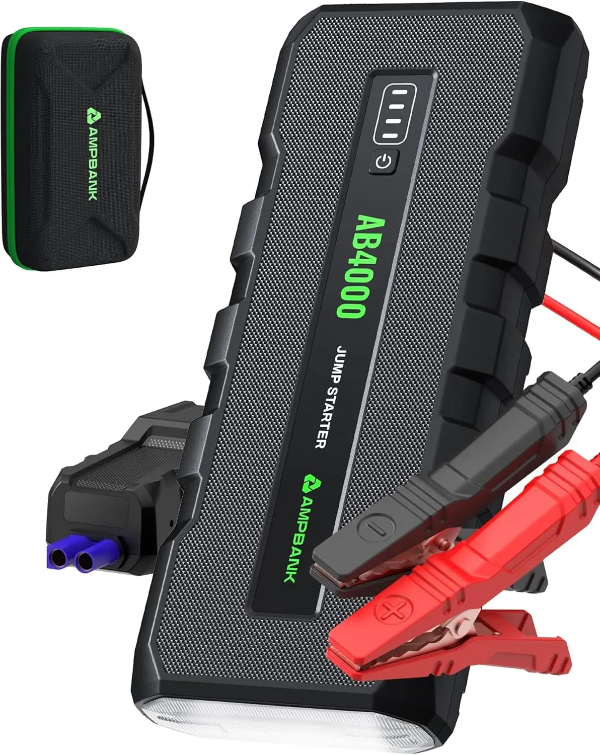 Avviatore portatile da 4000 A 12 V con caricatore da 18 W, luce LED, cavi jumper e custodia in EVA
