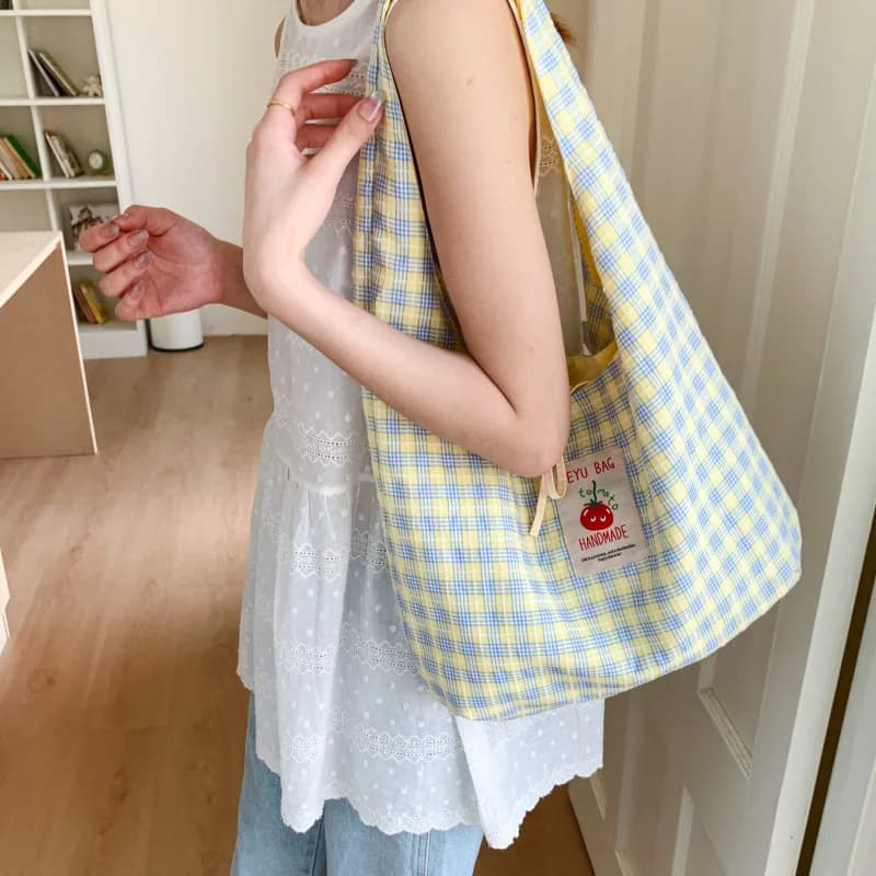 Double Sided Plaid Vest Bag Large Capacity Single Shoulder Backpack Canvas Cartoon Tomato Student Book Storage School Daily Girls Bag