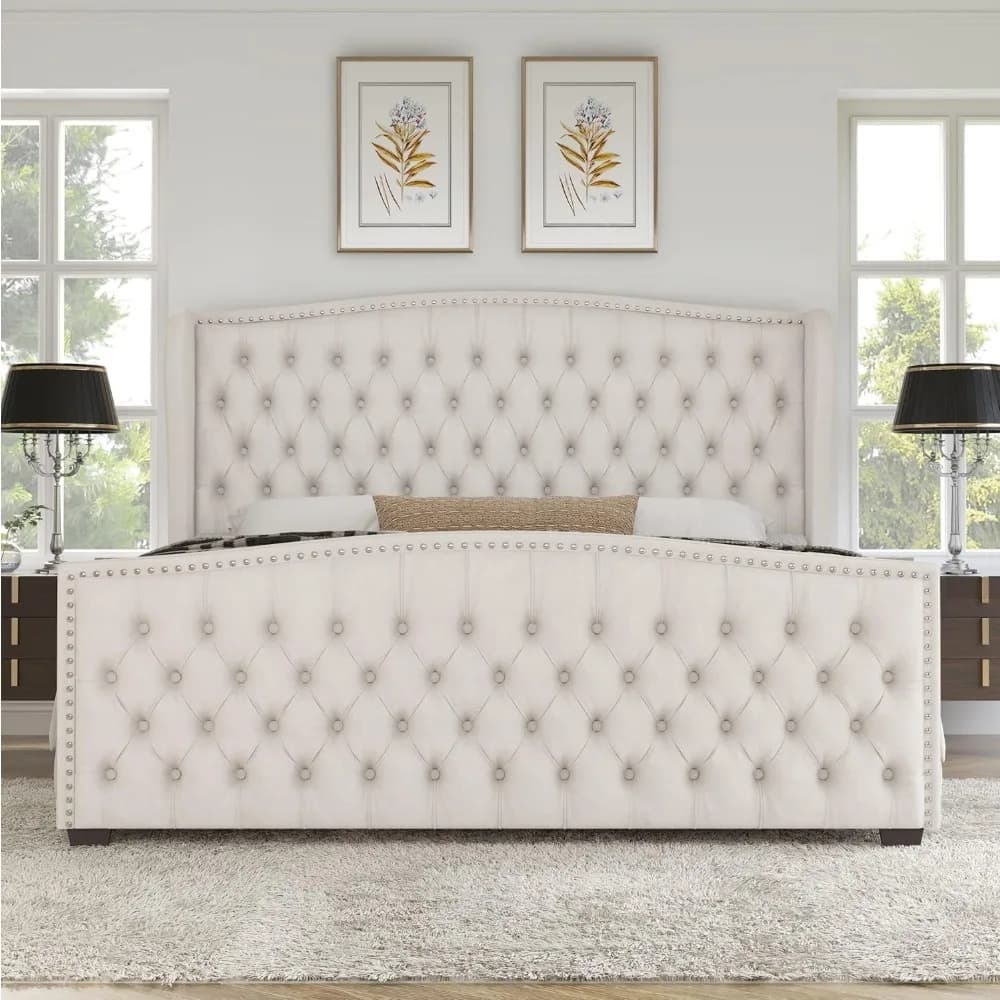 Letto King Size con Struttura a Piattaforma, Testiera Imbottita in Velluto con Bottoni Profondi e Schienale Alto, Nessuna Rete a Molle Richiesta, Personalizzabile