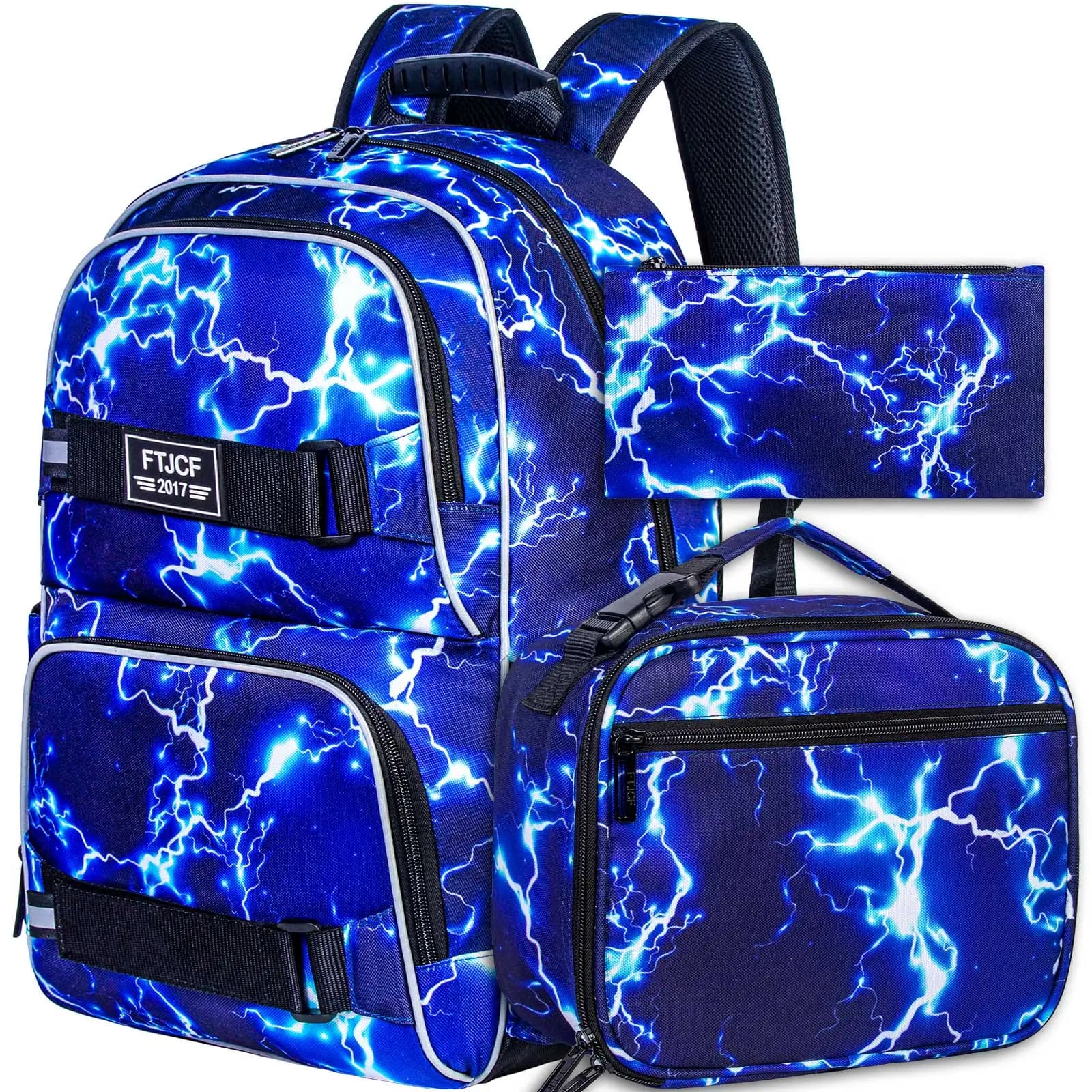 Zaino per ragazzi Lightning da 3 pezzi, zaino per laptop da scuola da 16 pollici Zaini per bambini resistenti all'acqua per college per adolescenti con set di contenitori per il pranzo Blu
