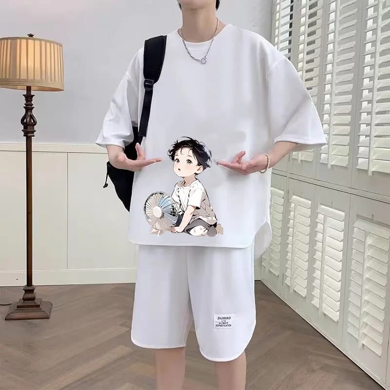 Completo estivo 2024 casual stile INS per ragazzi, t-shirt a maniche corte e pantaloncini in poliestere, abbigliamento sportivo alla moda per adolescenti.