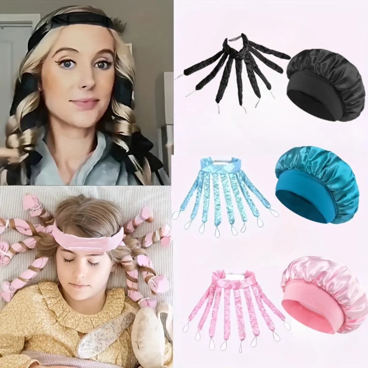 Set di 2 fasce per arricciare i capelli lunghi, ferro arricciacapelli senza calore in raso con cinturini regolabili, cappello da notte in raso extra large