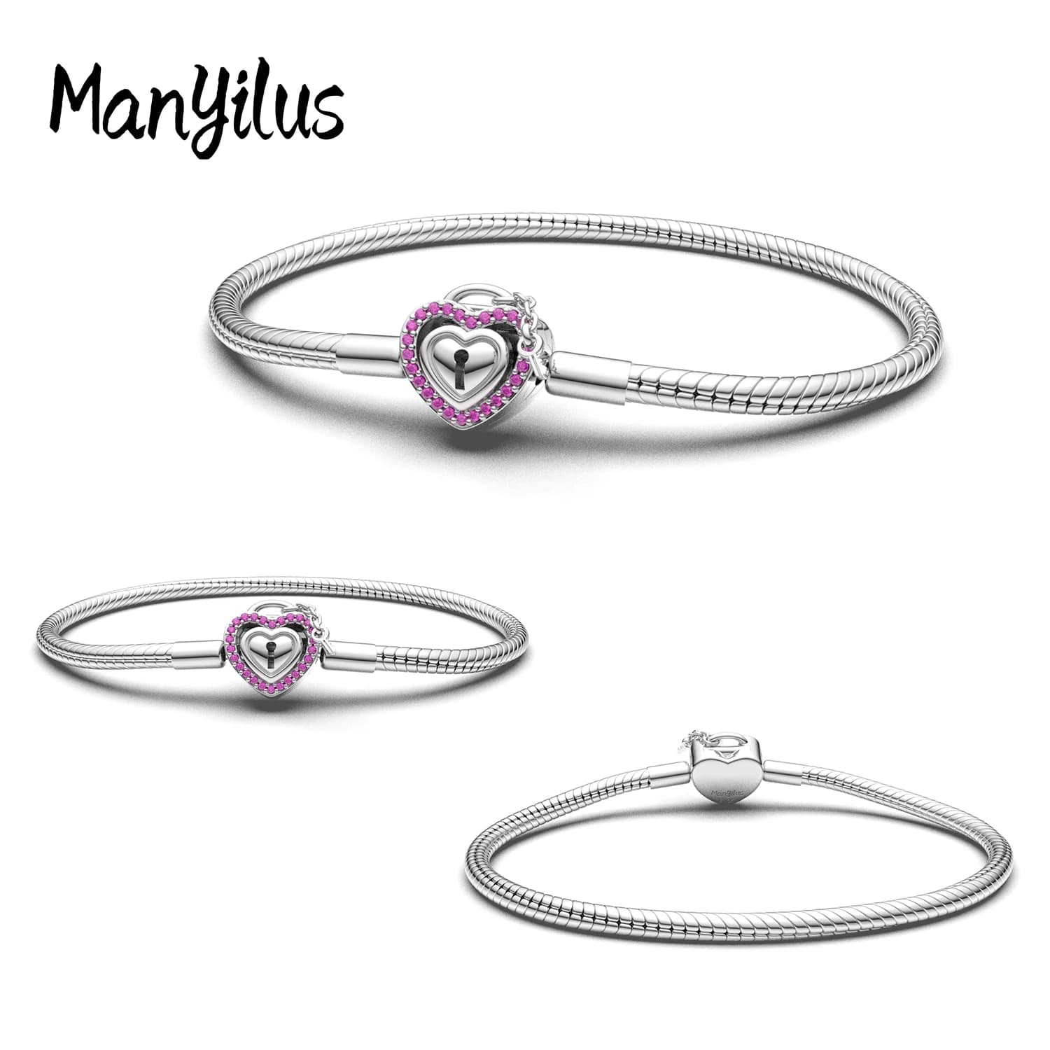 Manyilus 925 Sterling Silver Snake Chain Bracelet, Pink Crystal Heart Lock Clasp, Hypoallergenic Romantic Jewelry Gift for Women