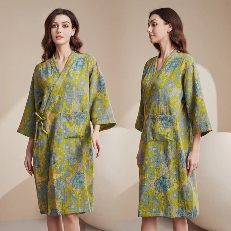 2025 Nuova femmina in puro cotone garza jacquard abito kimono accappatoio con tasca con lacci scollo a V camicia da notte indumenti da notte abito da casa allentato