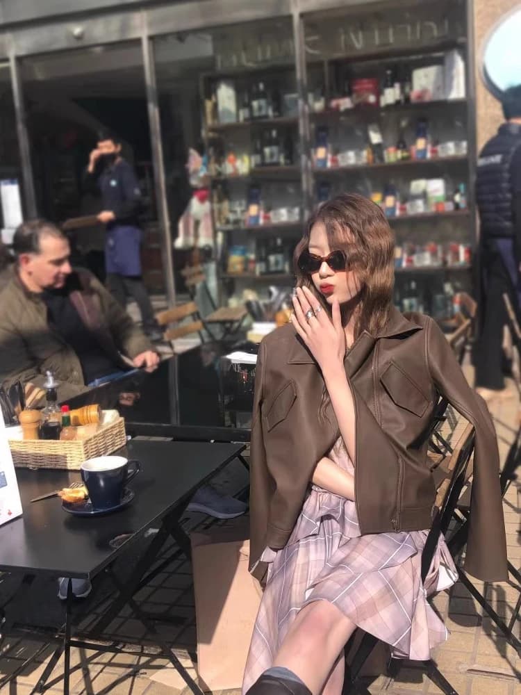 Soolrok Cool Brown Leather Jacket Women's Stylish Retro American Motorcycle Clothes Street Style Short Length Zipper Design
