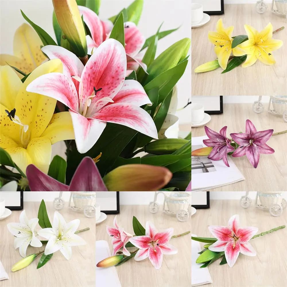 Decorazione per Ufficio e Matrimonio, Giglio Artificiale da Scrivania, Decorazione per Casa, Fiore Finto, Pianta Artificiale con Due Fiori e Un Bocciolo