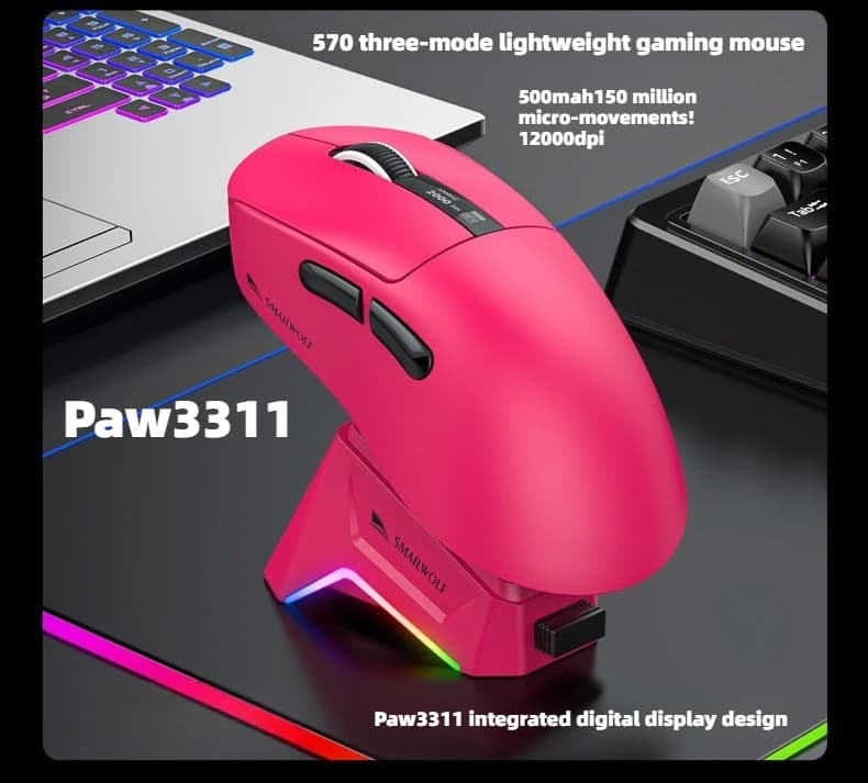 Wireless Bluetooth Gaming Mouse RS7, PAW311 57g Ultra Light, Mechanical Switch for Acer Keyboard Charging Dock for Gamers Choice