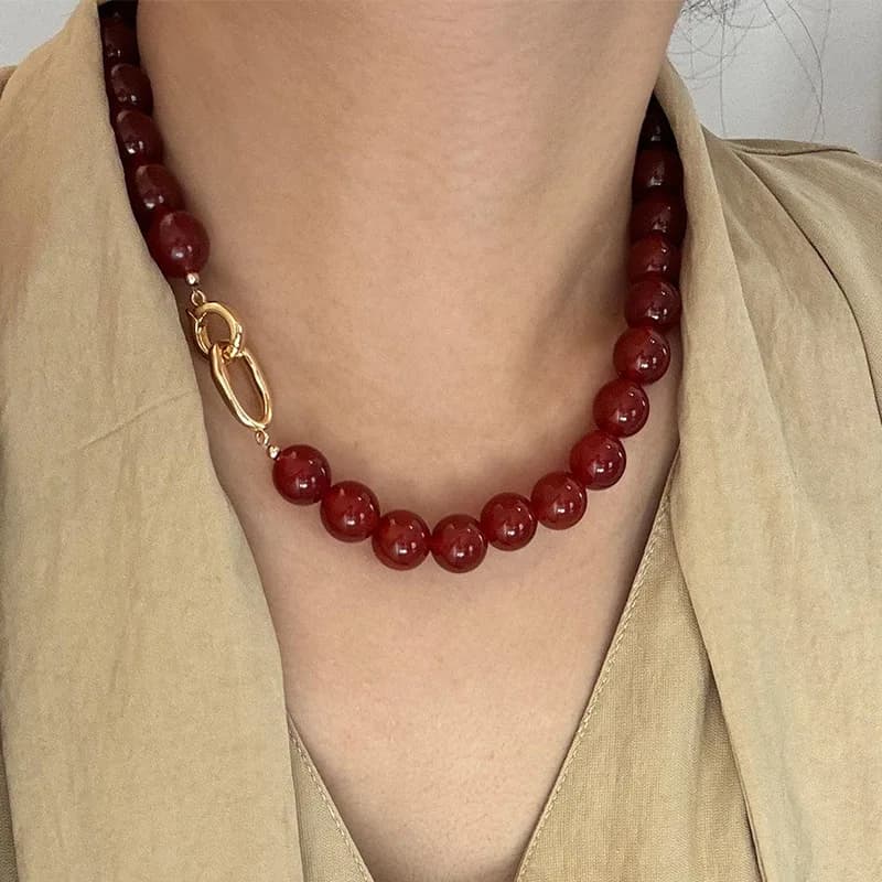 ZAKOL 8mm/10mm Agata Rosso Scuro Pietra Naturale Filo Collana di Perline Doppio Toggle Chiusura Maglione Catena Girocollo per Le Donne