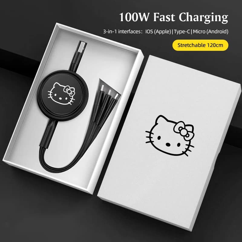 USB charging cable Sanrio Hello Kitty 100 W Type C Micro IOS Retractable charging cable 3 in 1 for iPhone Xiaomi Huawei Samsung
