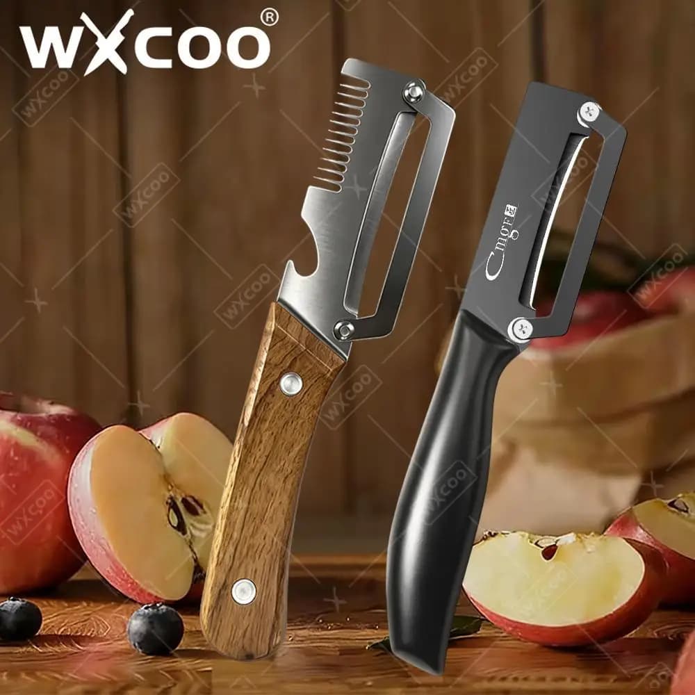 Coltello Pelapatate in Acciaio Inox per Frutta, Utensile da Cucina per Pelare e Affettare Verdure, con Apribottiglie Integrato