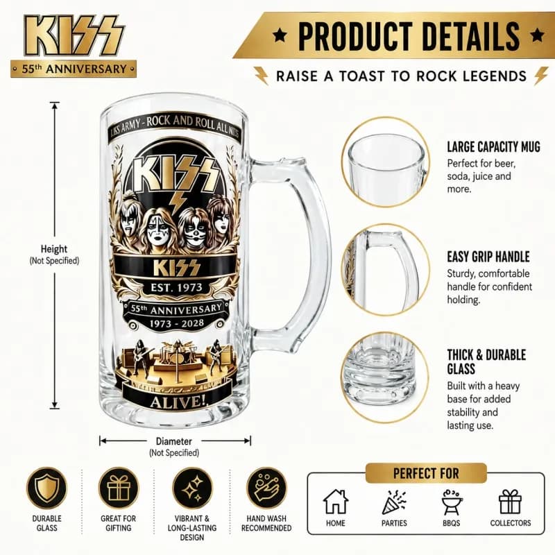 55th Anniversary KISS Rock Band Beer Mug Waterproof Sticker Clear Glass Handle Beer Stein KISS Army Home Bar Decor Fan Gift