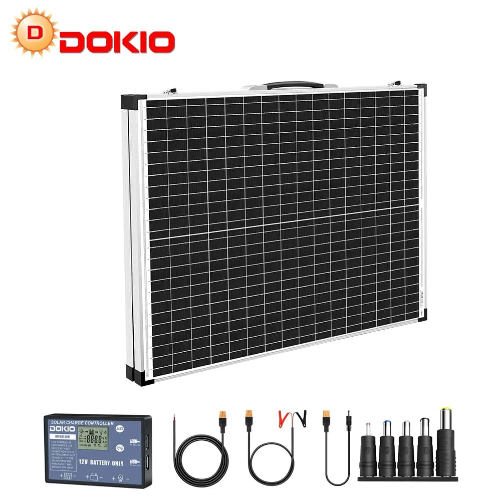 DOKIO Kit pannello solare pieghevole in vetro da 100 W/160 W/200 W con controller 12 V, set di cavi, per camper/casa/alimentazione di backup