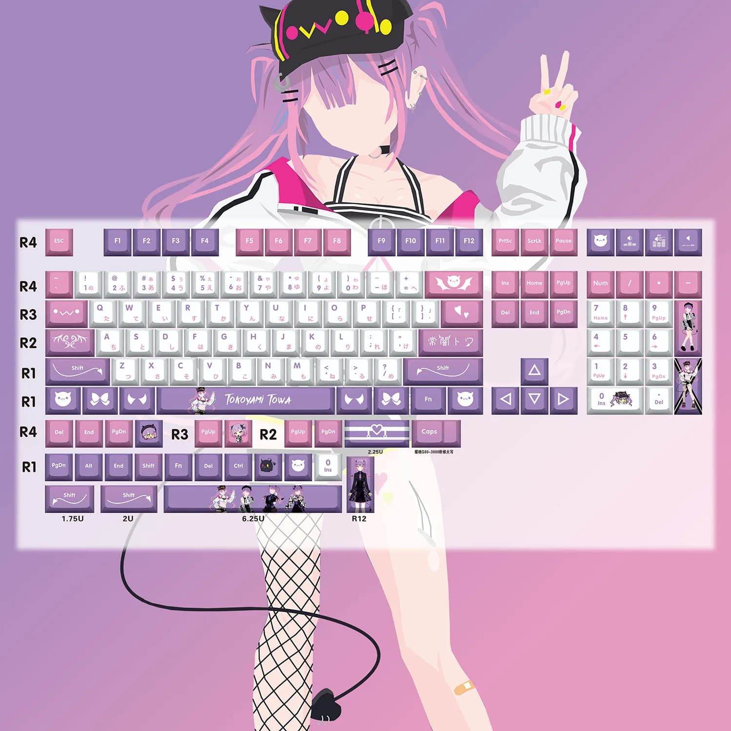 Tokoyami Towa Key Cap holovive Vtuber Key Cover PBT DYE Sublimation Cherry MX Cross Axis Switch Keycap per tastiera meccanica