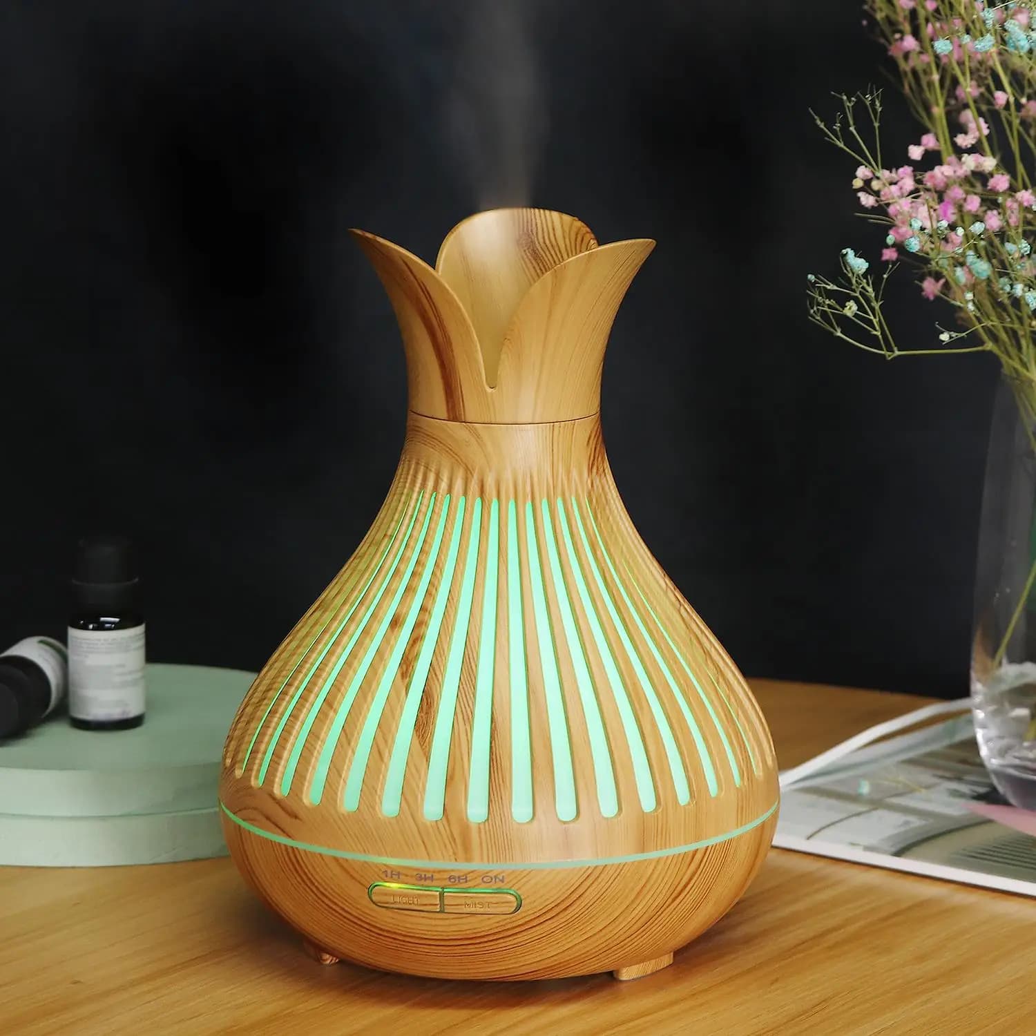Diffusore di aromi con Design a petalo cavo a grana di legno 500ML umidificatori per aromaterapia a nebbia fredda ad ultrasuoni diffusori telecomando