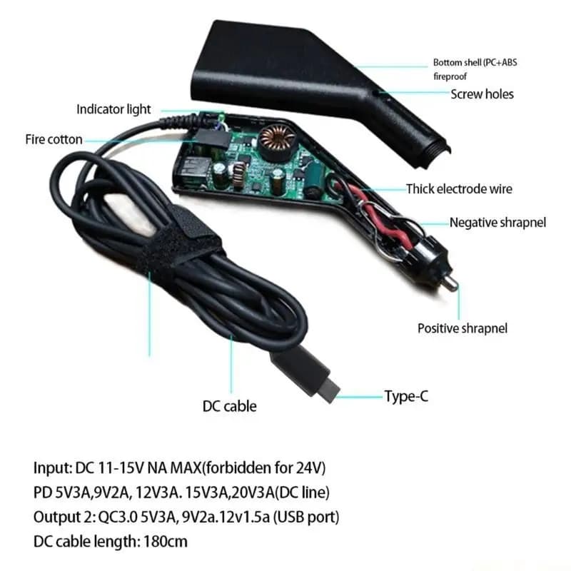 Adattatore alimentazione per caricabatteria da auto USB tipo C M5TD da 65 W per caricabatterie da 180 lunghezza per