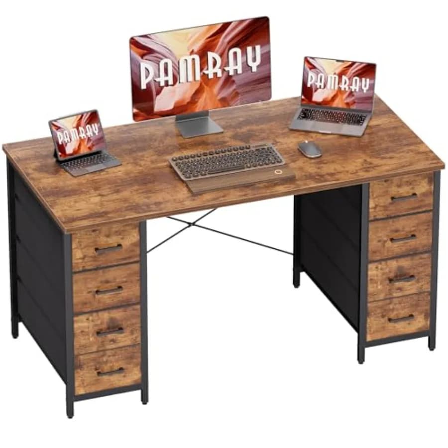Scrivania per computer da 47 pollici con 8 cassetti in tessuto Scrivania da gioco per PC Home Office Studio Tavolo da lavoro per camera da letto Vintage