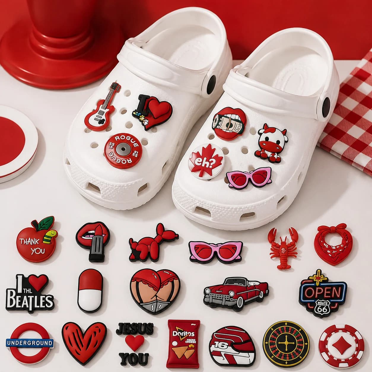 1/25PCS Red & Black Retro Pop Culture Shoe Charms Set DIY Decorative Pins Clogs Accessories Adult Kids Trendy Shoe Decorations