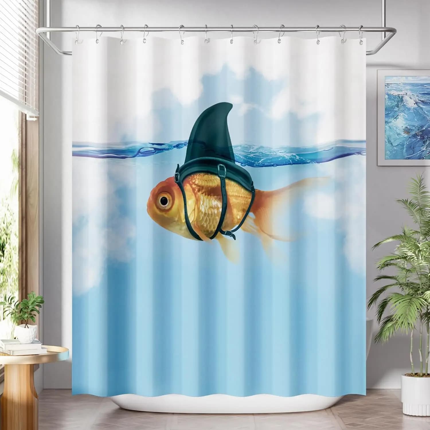 Tenda da doccia blu, panno lavabile, pesce divertente in abbigliamento da squalo, set di tende da doccia per bambini, ganci per tende, simpatico spettacolo impermeabile