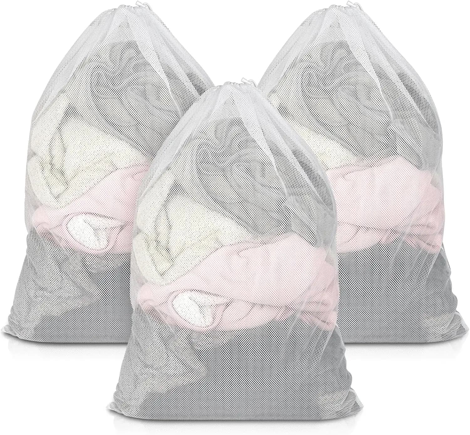 Set di 3 Grandi Sacchi per Bucato in Rete 23x34 Pollici, Sacchi Resistenti con Cordoncino per Viaggi, Dormitori e Casa