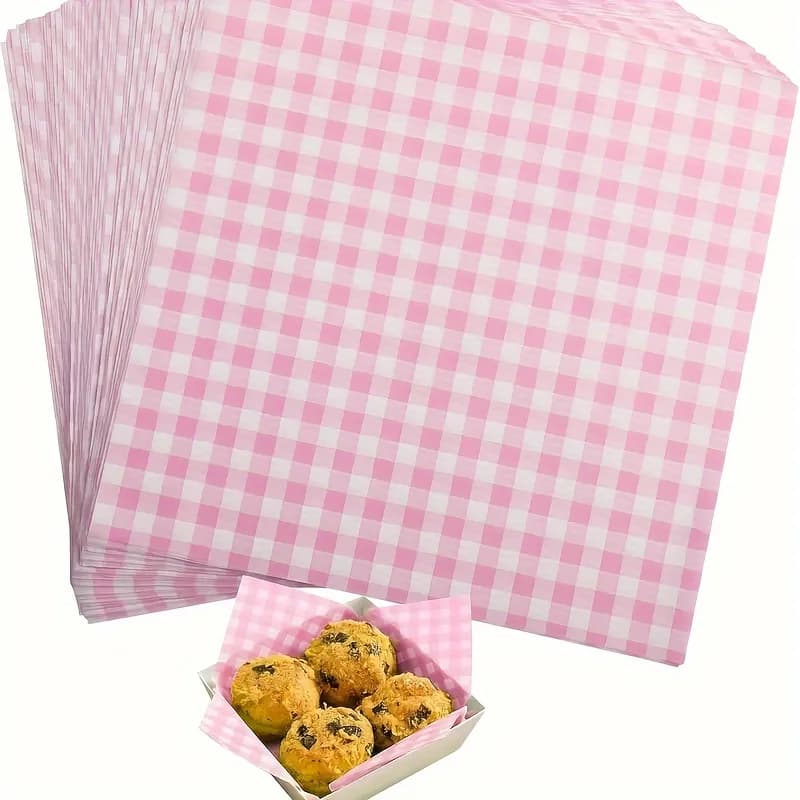 99Pcs Pink Checkered Wax Paper Sheets, Non-Stick Food Wraps for Sandwiches, Burgers & Baking