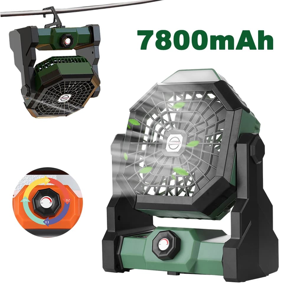 Ventilatore da Campeggio Portatile, Ventilatore da Esterno 7800mAh Ricaricabile USB, Ventilatore da Tenda Wireless con Gancio e Luce